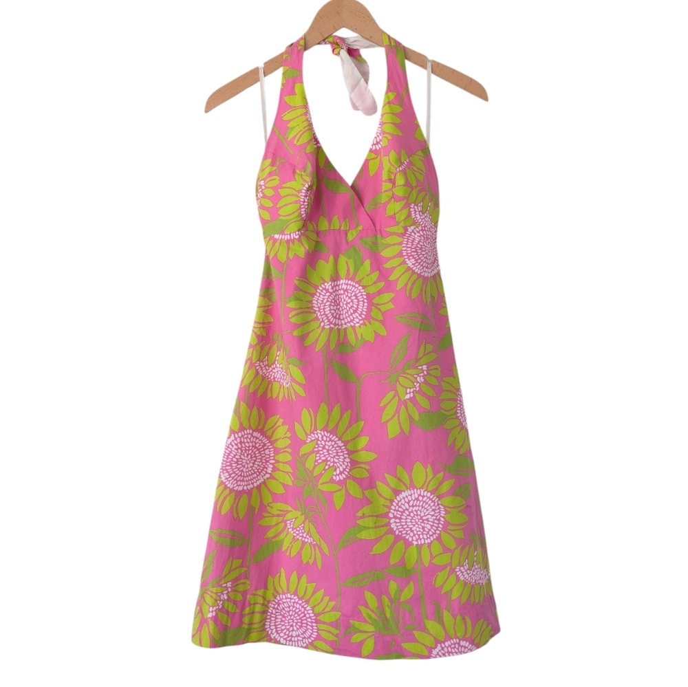Vintage Lilly Pulitzer Soliel Sunflower Halter Dress Pink Green White Label 0